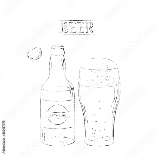 Charcoal drawing of beer open bottle and glass on white background