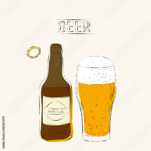 Retro style beer illustration with open bottle, beer glass