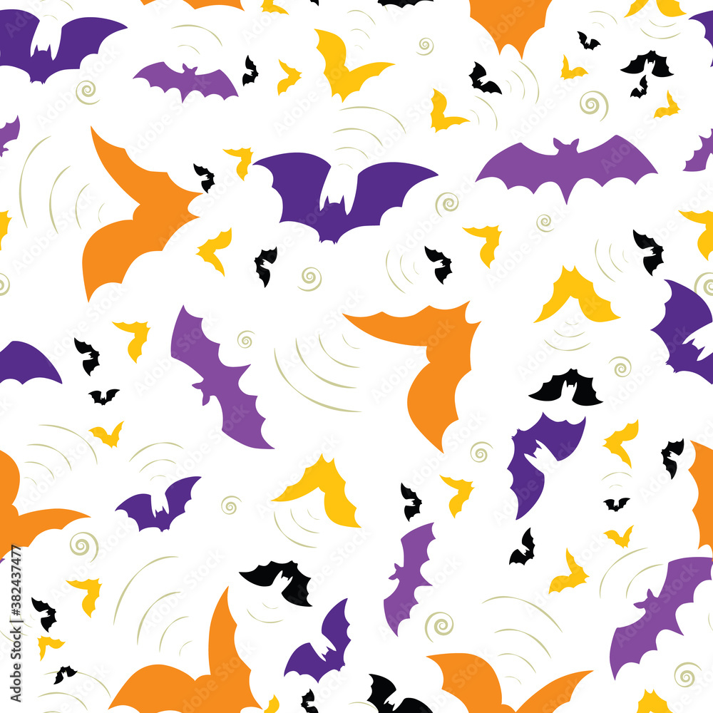 Vector seamless pattern with colorful bats. White background for Halloween.