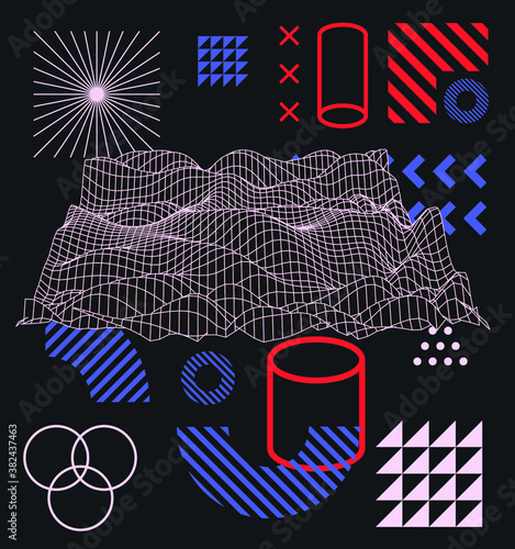Abstract technology background with warped grid and geometric shapes. Vaporwave and synthwave style poster.