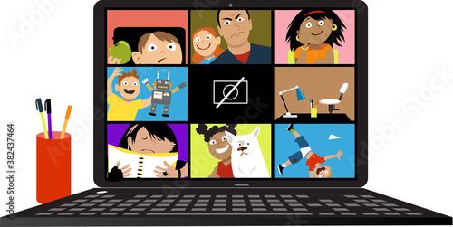 Laptop with elementary school remote lesson participants trying to keep up with technology, EPS 8 vector illustration