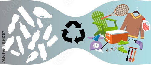 Plastic bottles recycled into consumer goods, EPS 8 vector illustration