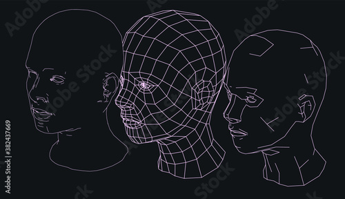 Low poly 3D head, human face structure made of grid. Biometrics, Facial Recognition and Cyber Security concept.