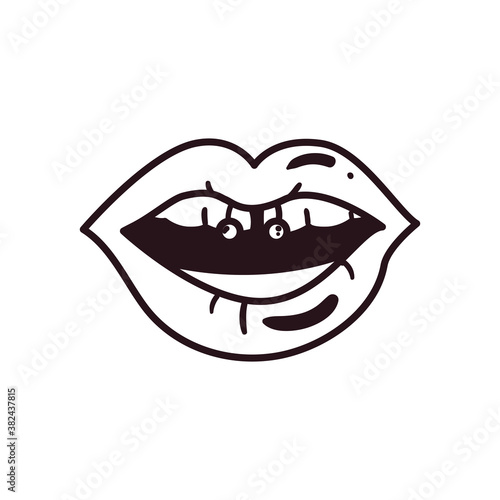 pop art female mouth with piercing line style icon vector design