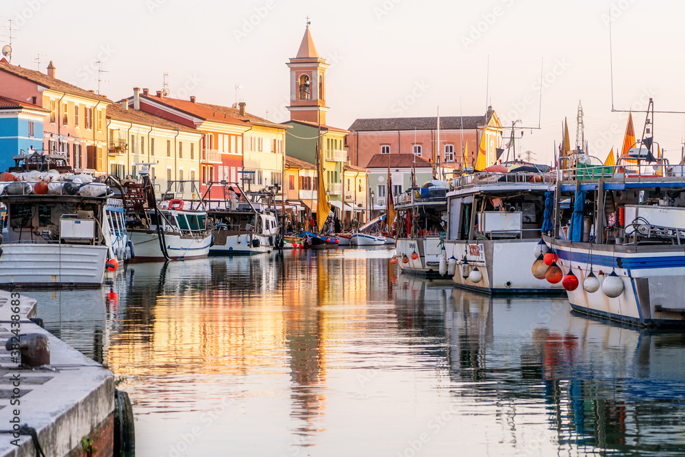 Colourful fishing boat in the Leonardo's canal harbor of Cesenatico, Emilia Romagna, Italy