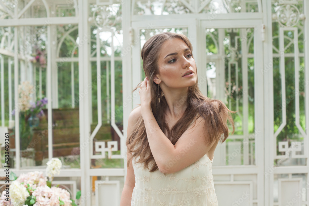 Pretty woman in white dress in belvedere portrait Pretty woman in white dress in belvedere portrait