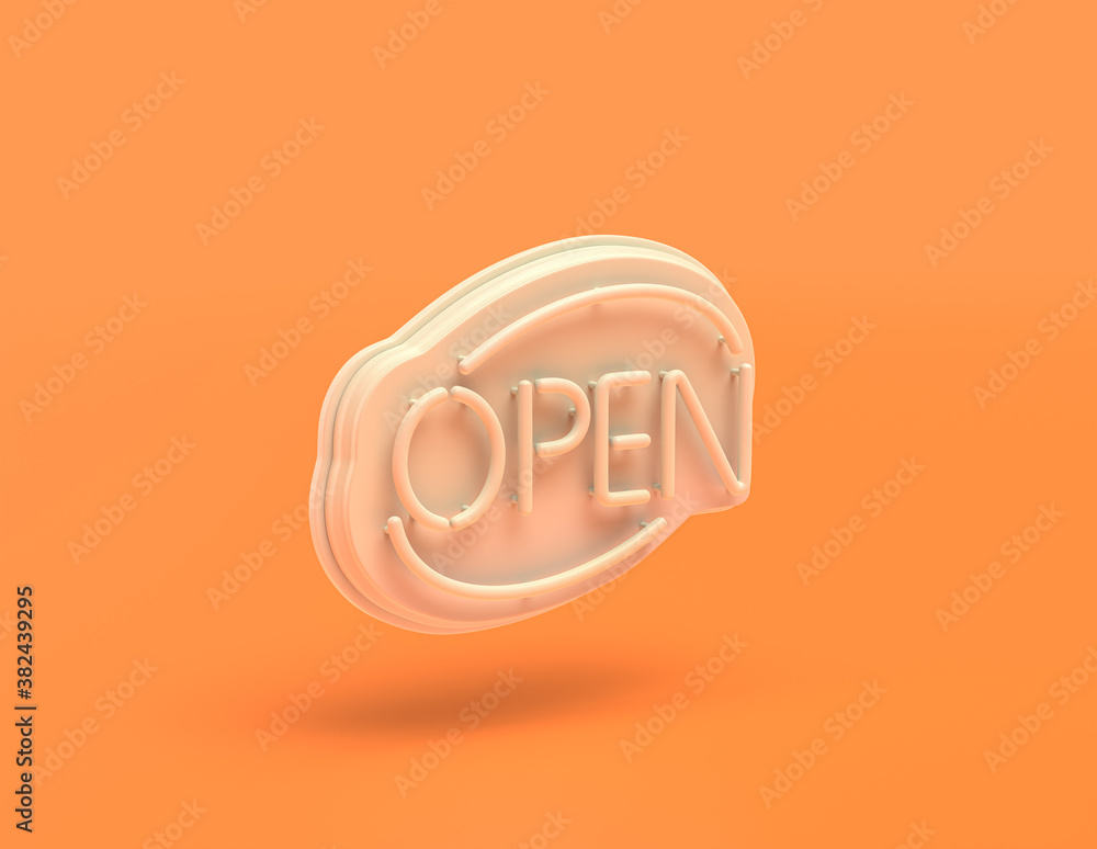 Neon signboard, open sign, flat monochrome colors, white plastic material, 3d rendering, store items Neon signboard, open sign, flat monochrome colors, white plastic material, 3d rendering, store items