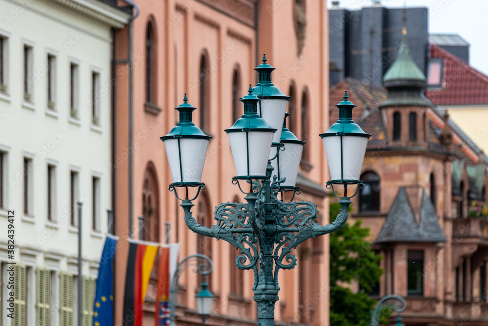 Streetlamp in front of historic buildings in Wiesbaden