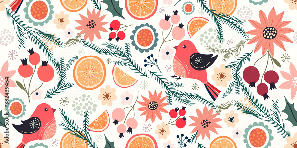 Christmas decorative seamless pattern with birds and winter elements, pine branches, orange and berries Christmas decorative seamless pattern with birds and winter elements, pine branches, orange and berries