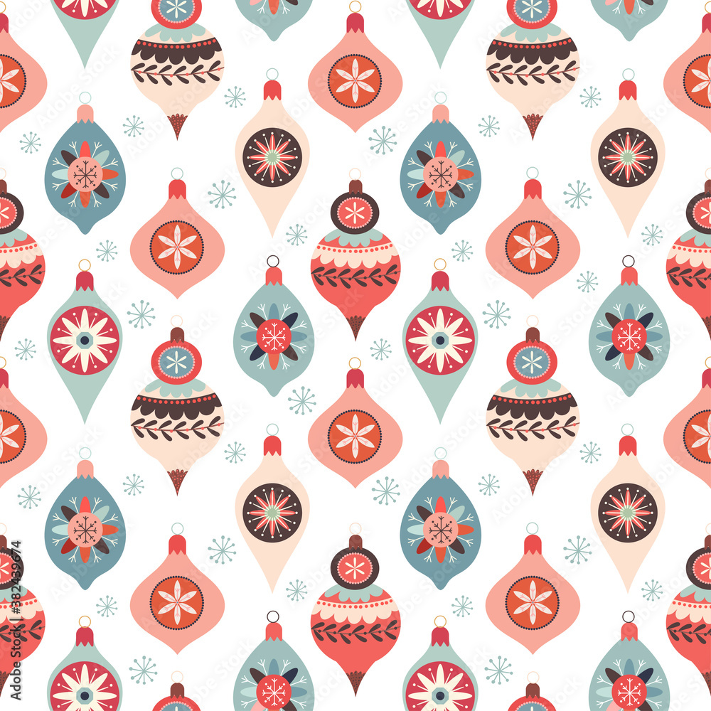 Christmas seamless pattern with decorative Christmas balls, white background