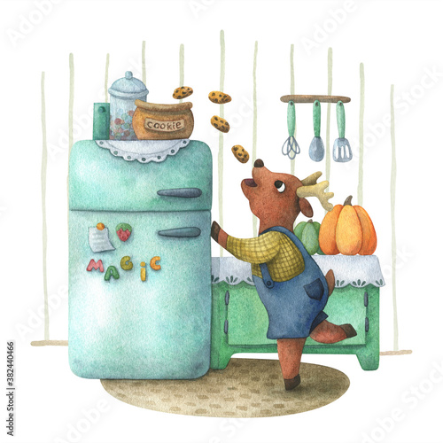 Deer have a sweet tooth stealing cookies in the kitchen. Watercolor illustration with an animal glutton. The magical story. Cute print on a postcard and poster . Cozy house and home-made food