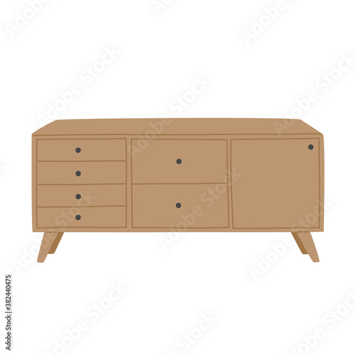 Wooden chest of drawers for cozy apartment in Scandinavian style, brown color. Hand drawn hygge furniture for stylish home. Modern ouse decoration. Vector illustration, isolated on white background. 