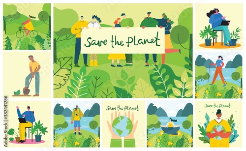 Set of eco save environment pictures. People taking care of planet collage.