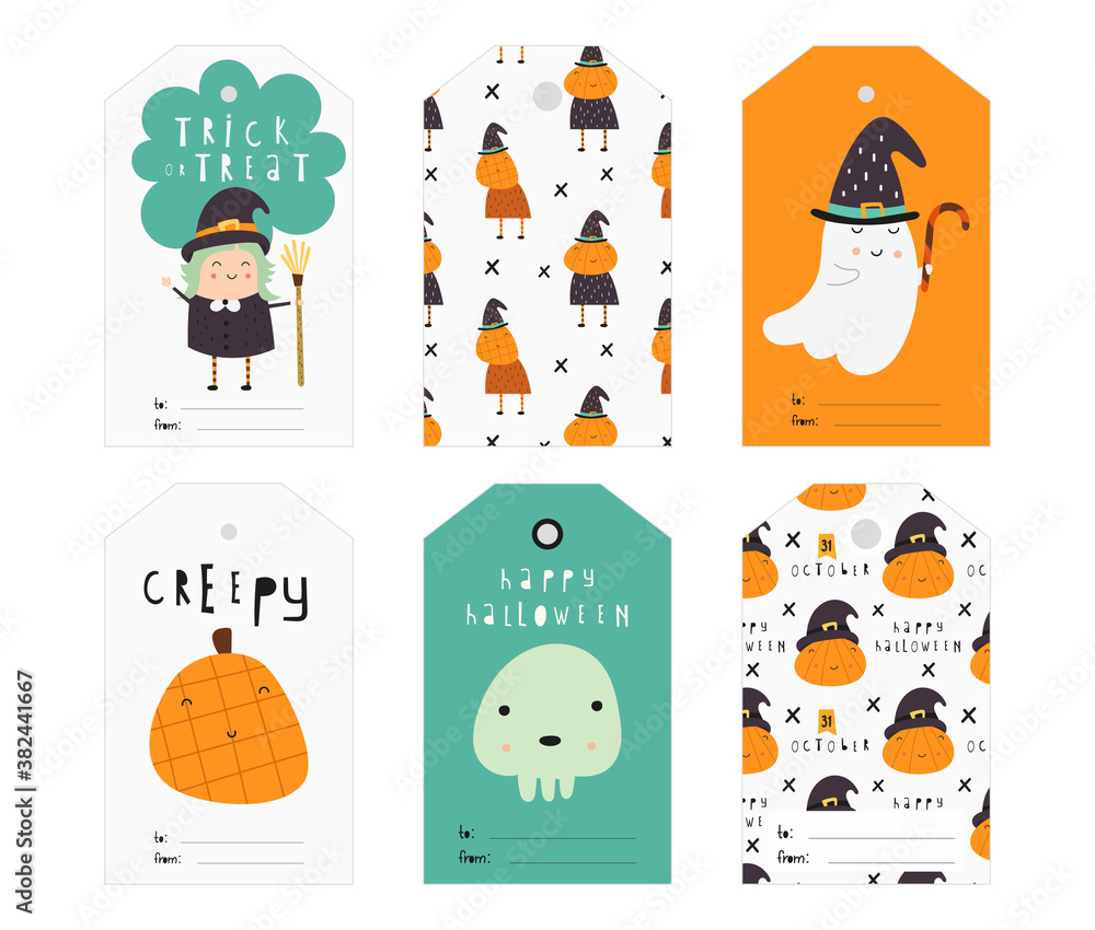 Halloween gift tags with hand drawn lettering and Halloween characters and  elements for holiday mood. Funny pumpkins, ghost, witch, skull. Vector  illustration. Stock Vector | Adobe Stock
