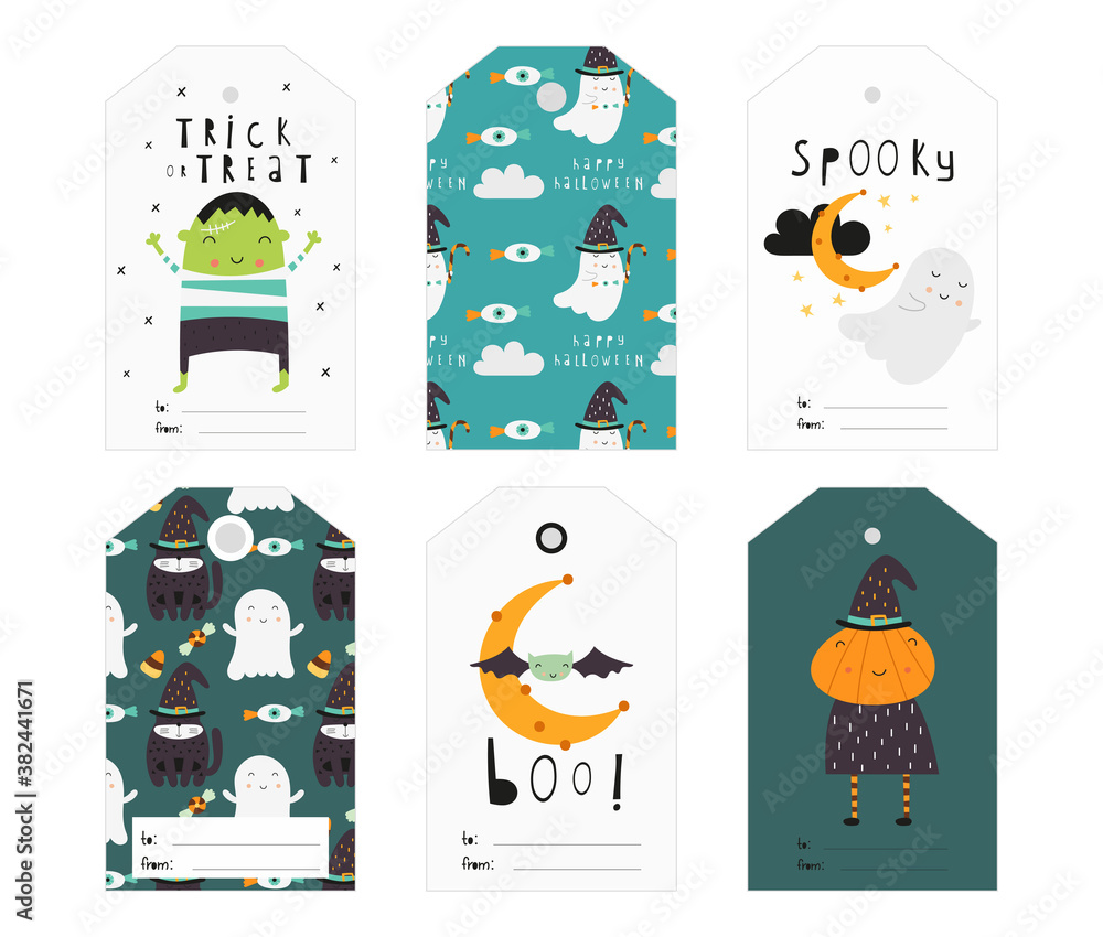 Halloween gift tags with hand drawn lettering and Halloween characters and  elements for holiday mood. Funny pumpkins, ghost, bat. Vector illustration.  Stock Vector | Adobe Stock