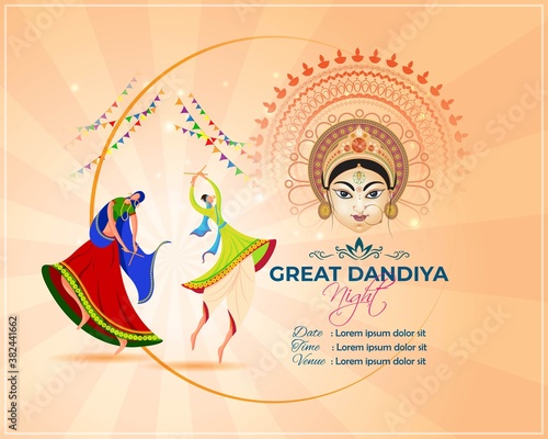 Vector illustration of Great Dandiya Night, two people playing dandiya, Goddess Durga face, Indian festival celebration, colorful fireworks, Navratri banner template.
