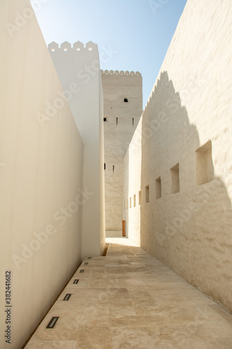 The inner walls and narrow paths of the 18th century 'Qasr al-Hosn' (Palace fort), aka the White Fort in Abu Dhabi, United Arab Emirates