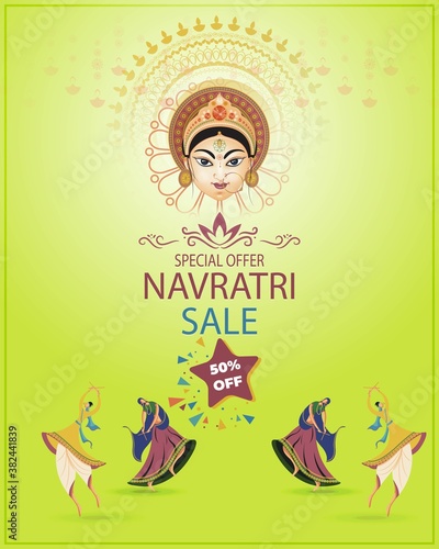 Vector illustration of Navratri sale banner, special offer, 50% off, people playing dandiya, Goddess Durga face, Indian festival celebration, Navratri offer banner template.