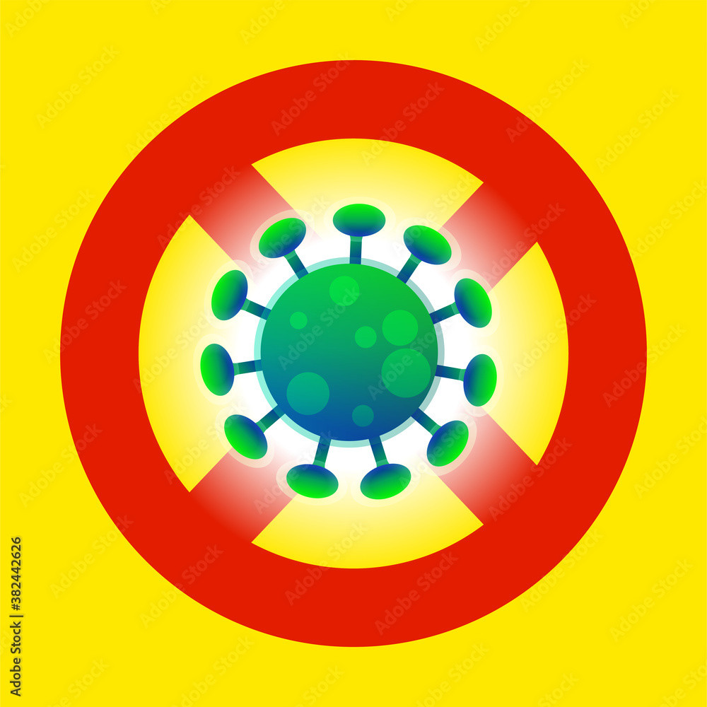 Stop Corona Virus. Virus cartoon with stop sign vector icon illustration. Health and medical icon concept on yellow background. Coronavirus is crossed out with red STOP sign. Flat cartoon design. Stop Corona Virus. Virus cartoon with stop sign vector icon illustration. Health and medical icon concept on yellow background. Coronavirus is crossed out with red STOP sign. Flat cartoon design.