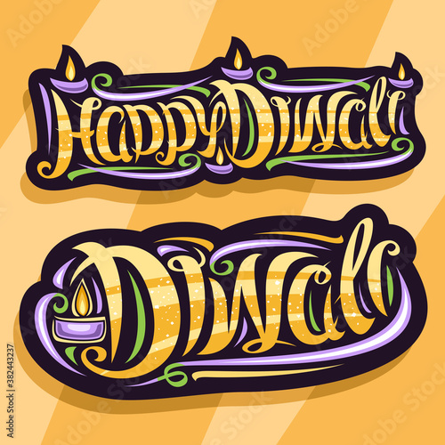Vector logos for Indian Diwali Festival, dark sign board with curly calligraphic font with burning oil lamps, decorative purple curls and swirls, sign with swirly lettering for words happy diwali.