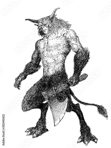 Konstfotografi orc troll ogre hairy monster with horns and hooves and an ax in his hands a nigh