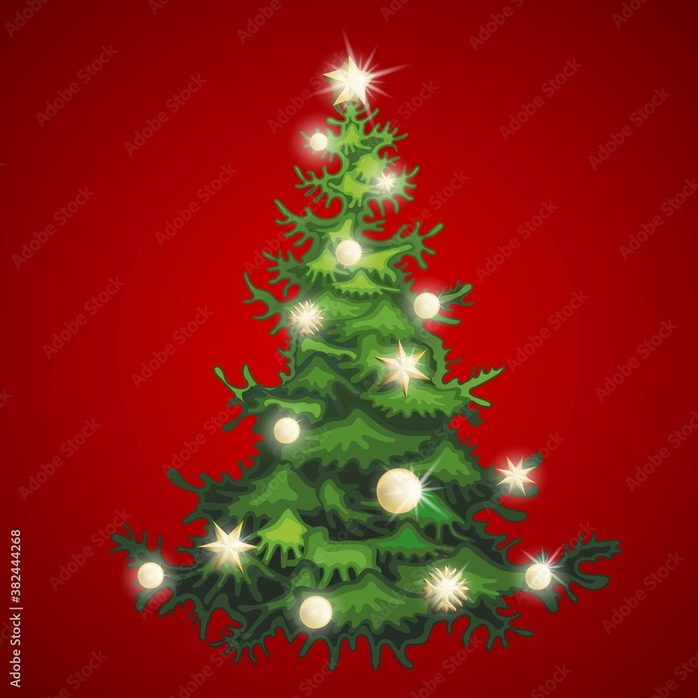 Christmas tree decorated with xmas star, balls and snowflakes. Symbol of Christmas and new year. Evergreen fir. Christmas tree decorated with xmas star, balls and snowflakes. Symbol of Christmas and new year. Evergreen fir.