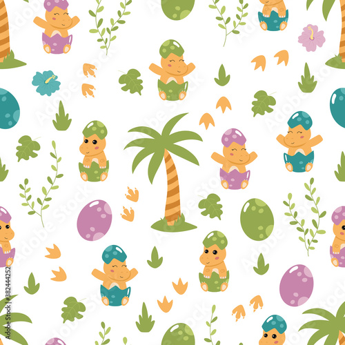 Dinosaur seamless pattern for children. Little Tyrannosaurus baby in the egg. Cute cartoon kawaii characters.