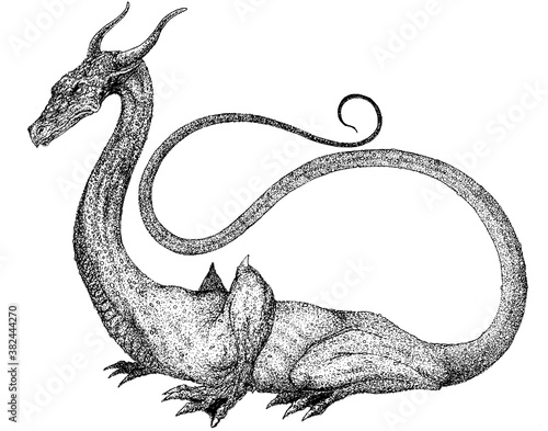 dragon with a long tail sitting on the ground photo