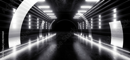 Neon Glowing White Modern Retro Oval Sci Fi Futuristic Warehouse Tunnel Corridor Parking Underground Arc Hangar Virtual Laser Trails Glossy Floor 3D Rendering