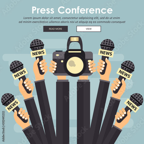 Microphones in reporter hands. Set of microphones and recorders isolated on blue background. Mass media, television, interview, breaking news, press conference concept. Flat vector illustration.