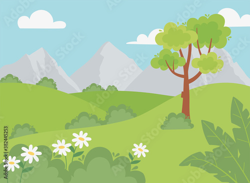 landscape rocky mountains bushes flowers grass and tree