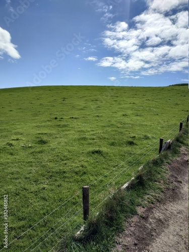 Vue sur une prairie verdoyante, clôture longeant un sentier de randonnée sur les falaises de Moher au premier plan, ciel bleu avec nuages lumineux et ensoleillé en arrière-plan, paysage d'Irlande.