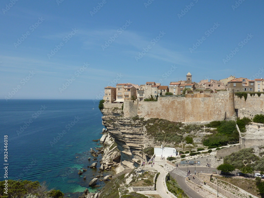 A view of the Haute Ville, the old town of Bonifacio, in Corsica, France, built on the top of a promontory next to a cliff over the Mediterranean sea
