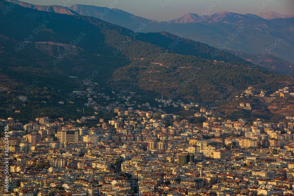 view of the city of Alanya at sunset from a height