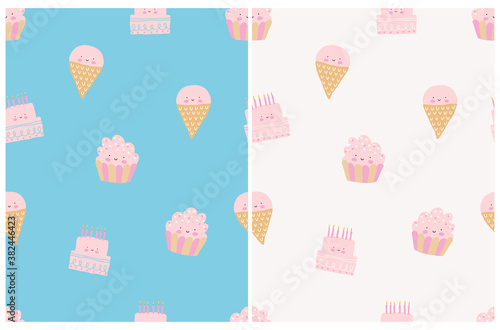 Cute Smiling Sweeties Seamless Vector Patterns. Kawaii Style Birthday Cakes, Ice Creams and Cupcakes Isolated on an Off-White and Blue Background. Lovely Nursery Art Ideal for Fabric, Wrapping Paper. 