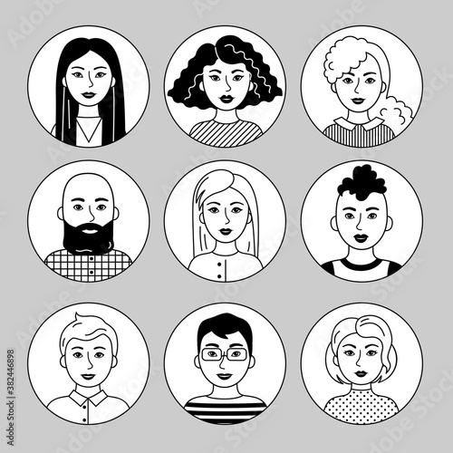Men and women of different nationalities, black and white. Asian, European, African people, cartoon simple portraits. Multiethnic society. Collection of avatars. Set of vector flat pictograms.