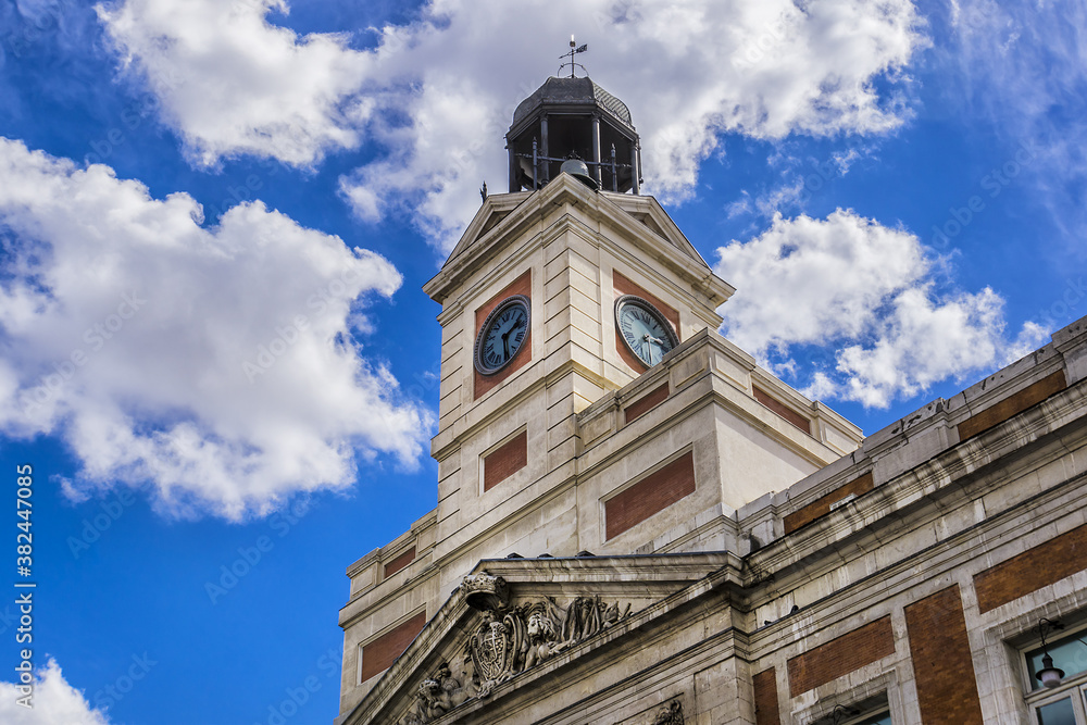View of House of the Post Office (Real Casa de Correos) with Clock Tower - an eighteenth century (1768) building in Puerta del Sol, Madrid. Spain.