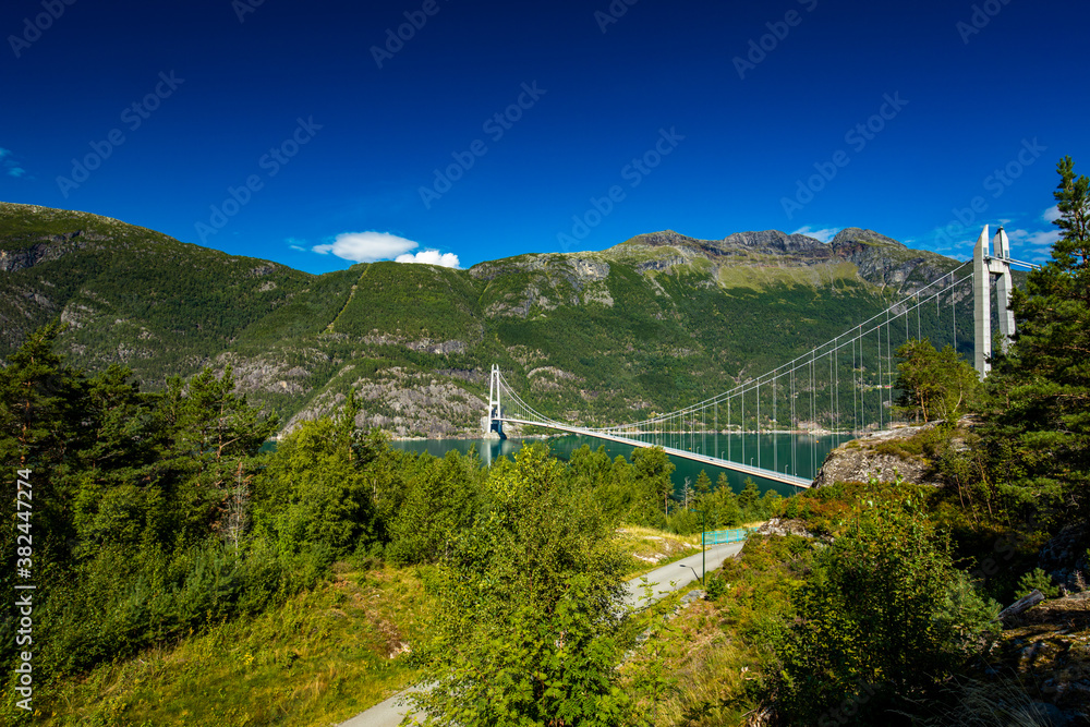 Hardanger suspension bridge in Hardanger fjord, Norway