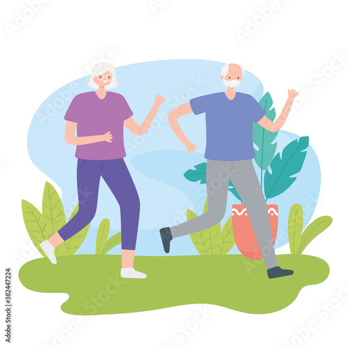 activity seniors, elderly couple running in the park