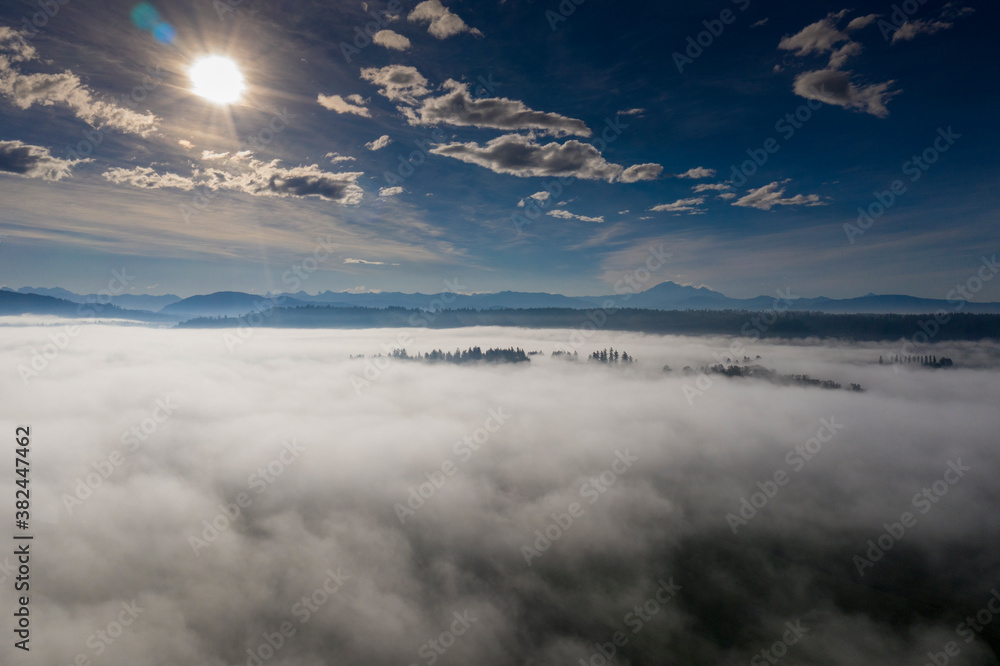 Sun beams above the fog and clouds in the blue sky forest tops sticks through the fog.