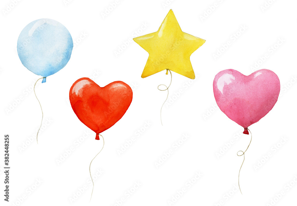 watercolor set with colored balloons isolated on white background. collection of festive balloons, round, star, heart. decoration for the holiday, birthday. balloons blue, red, pink, yellow
