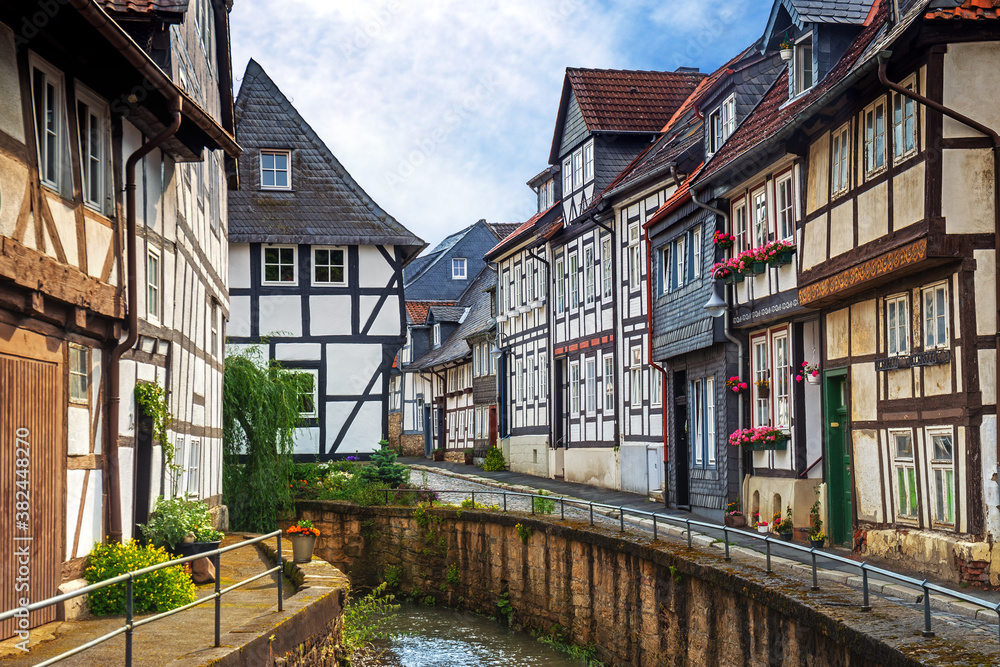 An idyllic landscape with the old street on a canal in Goslar, Germany