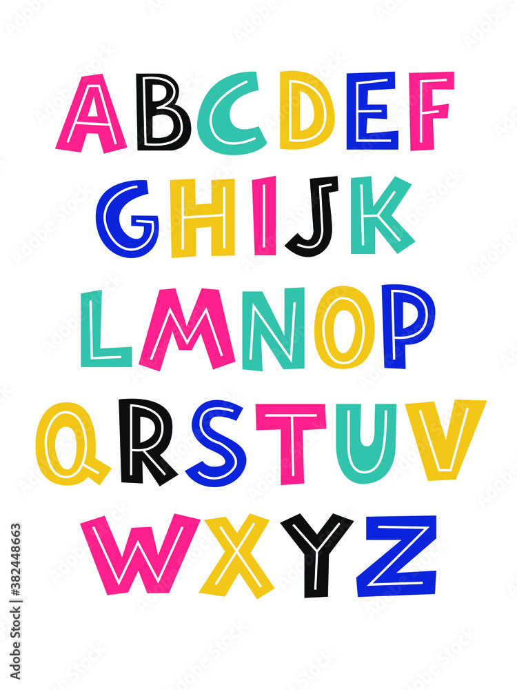Vector cute colorful alphabet for kids. Can be used as elements for your design for greeting cards, nursery, poster, card, birthday party, packaging paper design, baby t-shirts prints