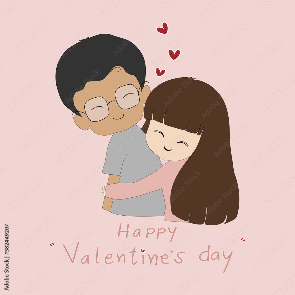 Kawaii Valentine'S Day.Lovely lovers girl and boy standing with smiling face on pink pastel background.Cute cartoon a couple hugging together with red heart.Vector illustration Romantic Greeting card.