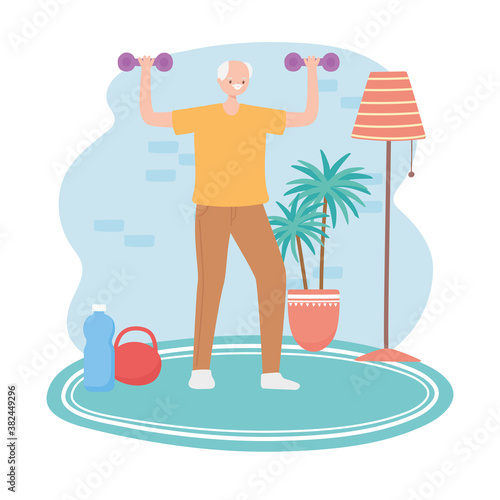 activity seniors, elderly man lifting dumbbells in the room