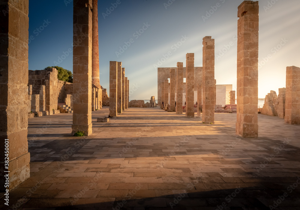 Shot of the ruins of the ancient building Tonnara di Vendicari. The building was used in the past as a workplace for tuna fishing. The place is now abandoned and it is a naturale reservation place