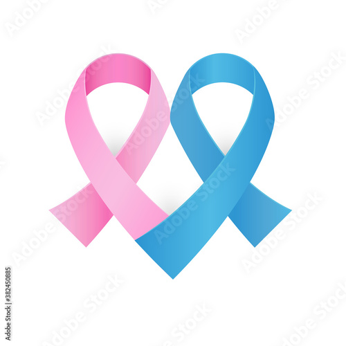 Pink and blue awareness ribbon vector. Breast and prostate cancer together in heart shape. Pink October blue November concept.