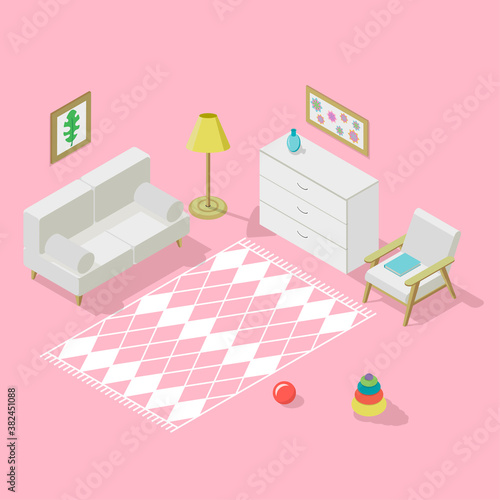 Pink room with sofa and toys