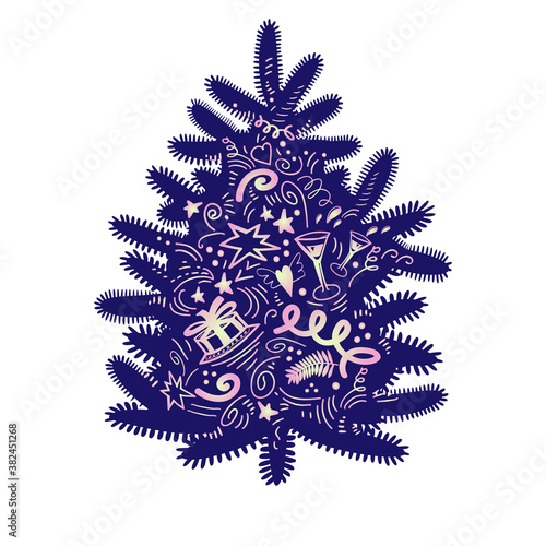 Christmas tree silhouette with symbols of New Year in doodle style isolated on white background. Trendy Merry Christmas design. Hand drawn element perfect for greeting cards and holyday invitation.