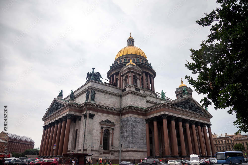 St Isaac Cathedral in cloudy weather day. Museums Isaac's Square. Unique urban landscape center Saint Petersburg. Central historical sights city. Top tourist places in Russia. Capital Russian Empire